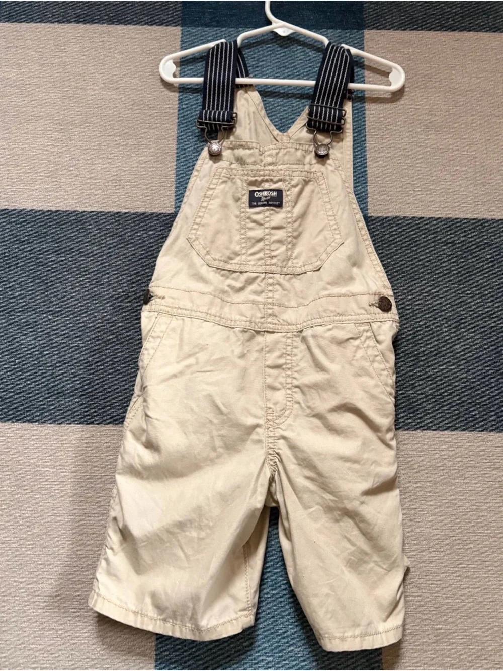 OshKosh B'gosh Cream Short Overalls with Navy Striped Straps